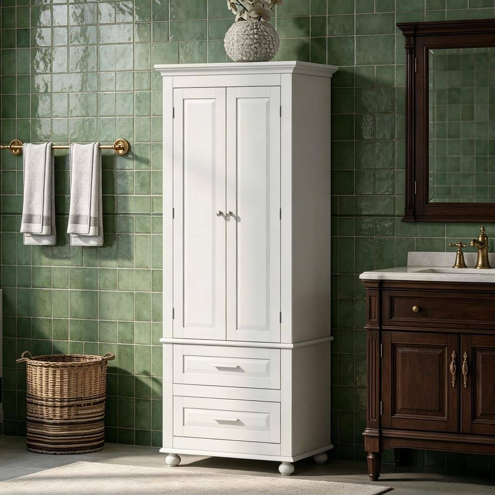 Unbranded 24 in. W x 15.7 in. D x 62.5 in. H White Linen Cabinet with 2-Doors and Adjustable Shelf for Bathroom and Office (2)