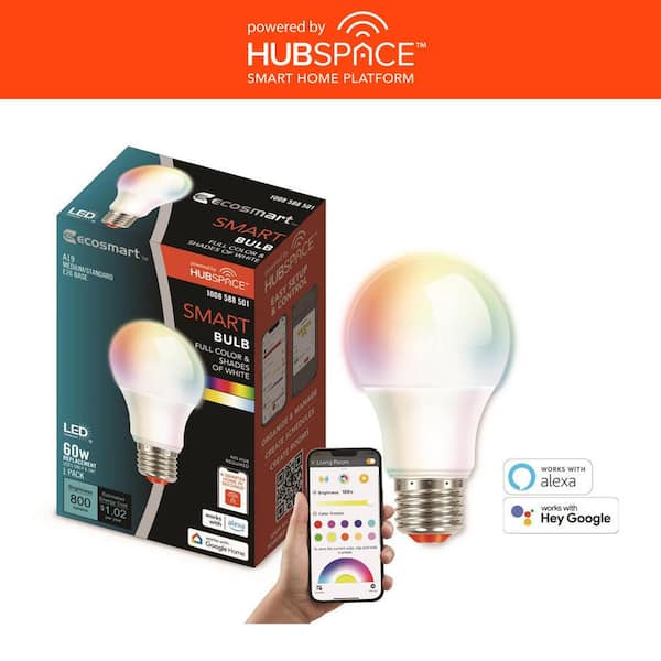 EcoSmart 60-Watt Equivalent Smart A19 E26 Base Color Changing CEC LED Light Bulb with Voice Control (1-Bulb) Powered by Hubspace