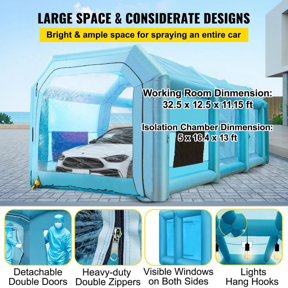 SKYSHALO 39.4 x 16.4 x 13.1 ft. Inflatable Paint Booth, Blue, with 2 Blowers, Spray Booth with Filter, Car Paint Tent Workstation (2)