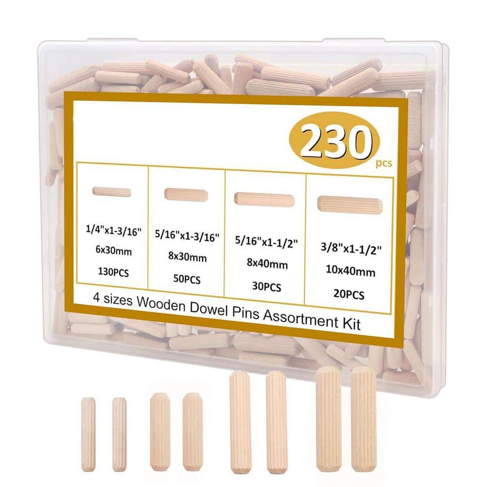 KIWDZFU Wooden Dowel Pins Fluted Rods for Crafts Furniture DIY 1/4 5/16 3/8 Inch Assorted Sizes 230 Pieces (1)