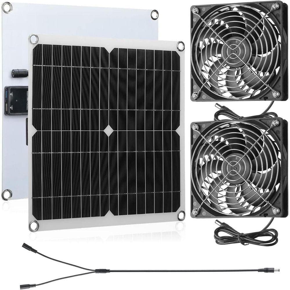 KIWDZFU 20W 16V Solar Panel Exhaust Fan Kit with Dual USB Adapters, Waterproof for Greenhouses, Chicken Coops, and Outdoor Use