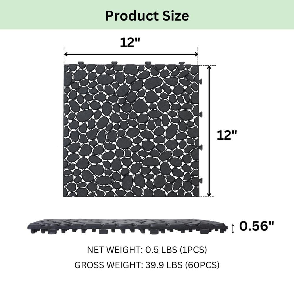 GOGEXX 1 ft. x 1 ft. PVC Deck Tiles Black 60 of Tiles Interlocking Flooring Pebble Stone Pattern Outdoor Anti-Slip (60-Pieces) (3)