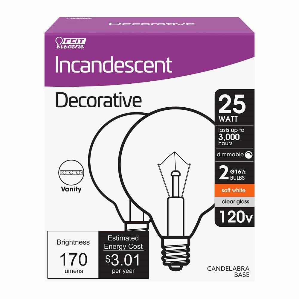 Feit Electric 25-Watt G16. 5 E12 Vanity Bathroom Incandescent Light Bulb, Soft White 2700K (2-Pack) (4)