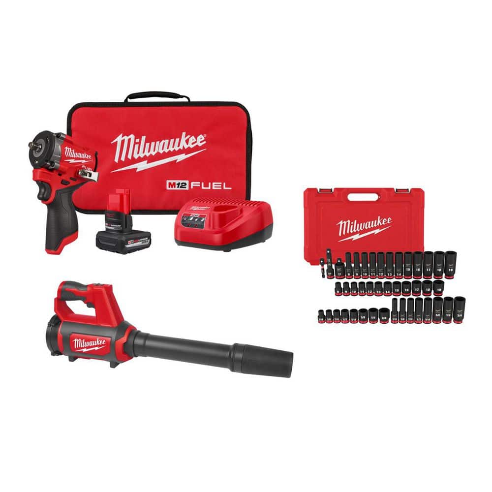 Milwaukee M12 FUEL 12V Stubby 3/8 in. Impact Wrench Kit w/ M12 12V Compact Spot Blower w/ 43-pc 3/8 in. SAE/Metric Sockets (1)