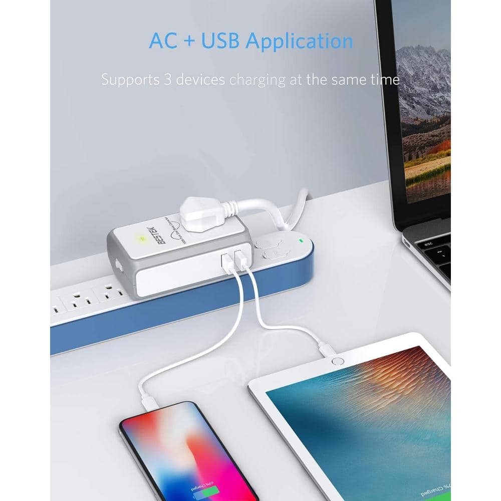 Lukyamzn Universal Travel Adapter Surge Protector 220v to 110v Voltage Converter with 1-Outlet and 2-USB A Ports in White (2)