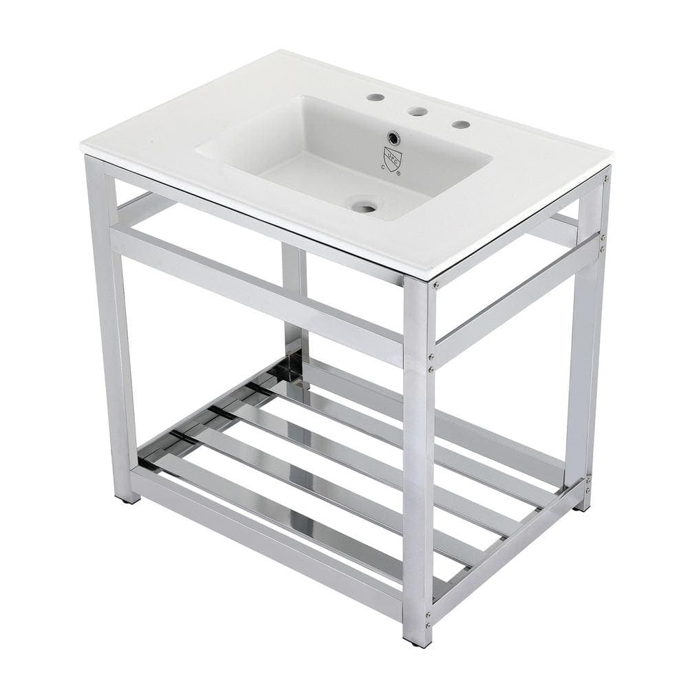 Kingston Brass 31 in. Ceramic Console Sink (8 in. in 3-Hole) with Stainless Steel Base in Chrome (1)