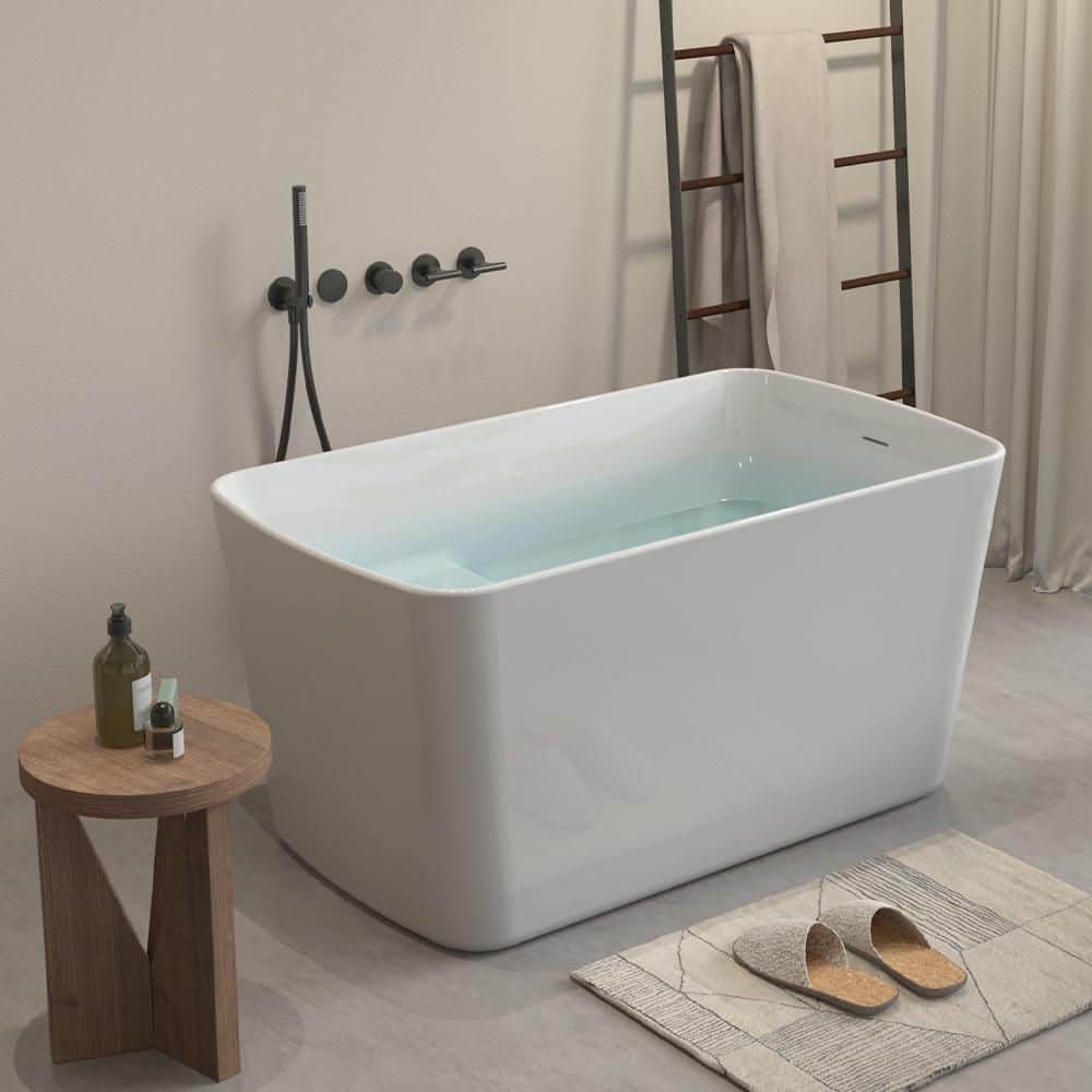 INSTER Muse 49 in. Acrylic Flatbottom Rectangle Freestanding Non-Whirlpool Soaking Bathtub Include Interior Seat Outer White
