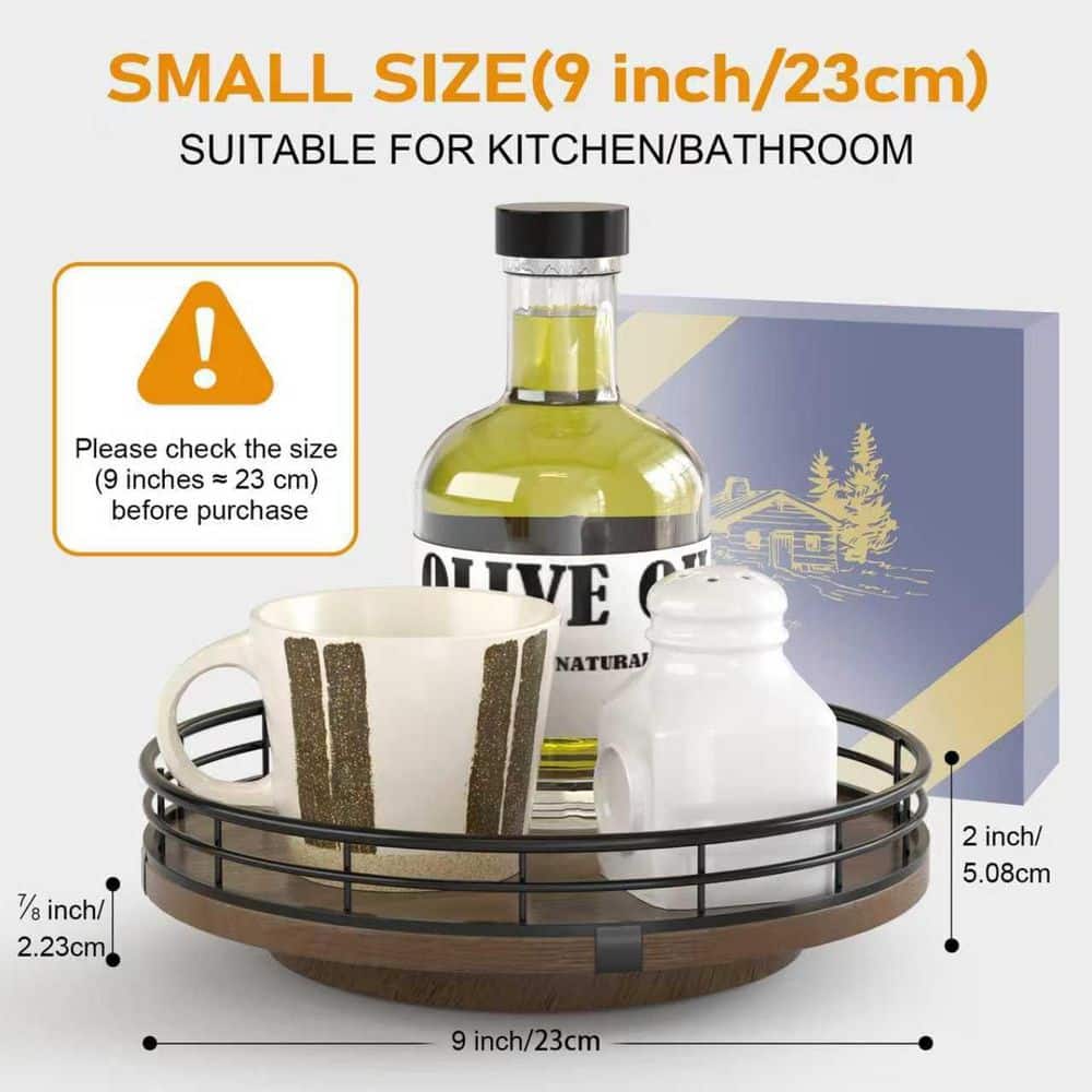 Numhew 1-Pack 9 in. Countertop and Cabinet Oak Wood Bathroom Trays Lazy Susan Turntable with Smooth 360° Rotation in Walnut (2)