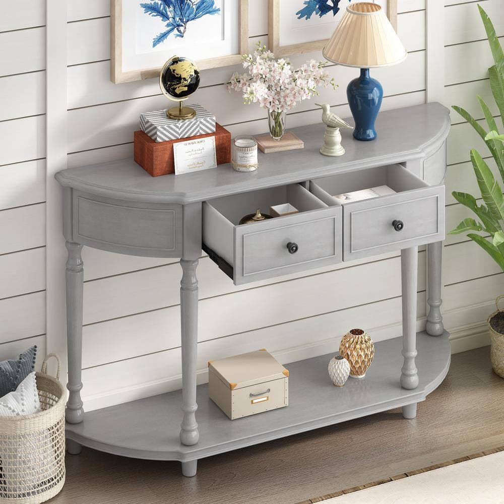 Unbranded 52 in. W 33.4 in. H x 12.6 in. D Solid Wood Rectangular Console Table with 2 Drawers and Shelf in Gray (2)