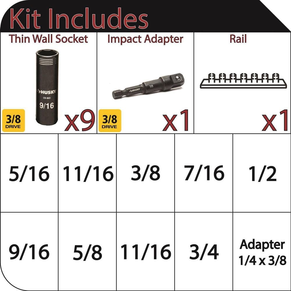 Husky 3/8 in. Drive Thin Wall SAE Deep 6-Point Impact Socket Set (10-Piece) (2)