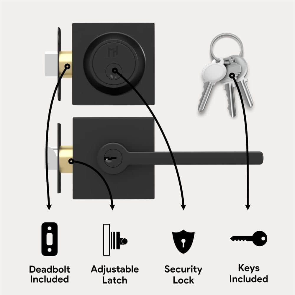 Mega Handles Prime Entrance Combo Entry Lever Door Handle Deadbolt Lock Key Combo Pack - Matte Black (2)