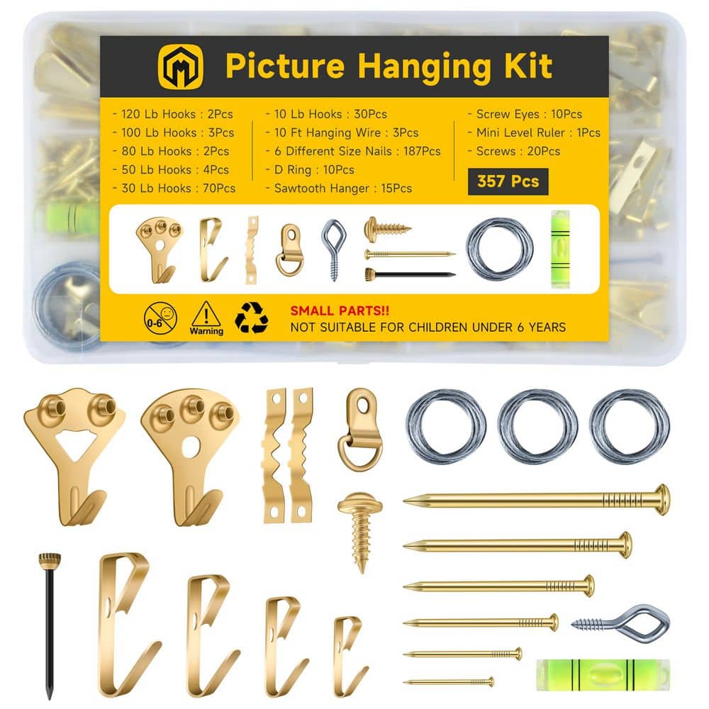 MYWISH 357-Piece Picture Hanging Kit, Heavy-Duty Hooks 10-120 lbs. with Hangers, Wire and Level (1)