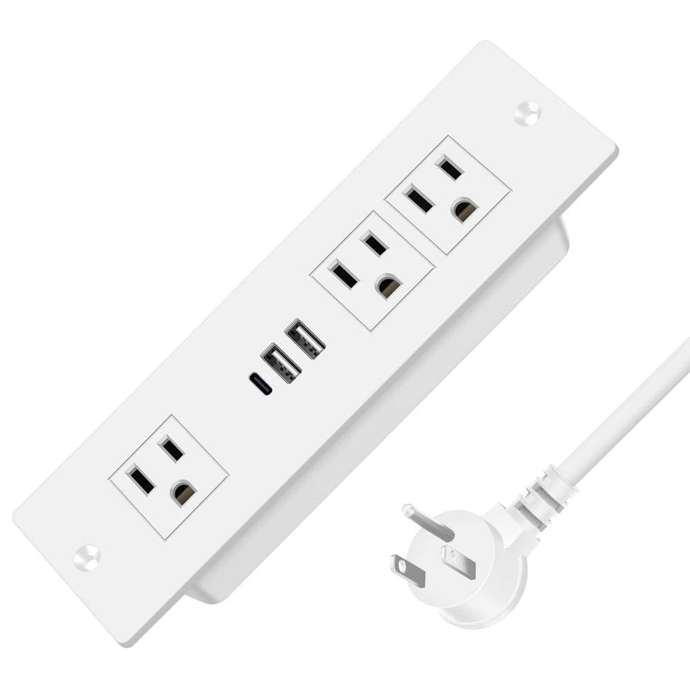 BIBIVIS White 3-Outlet Recessed Power Strip, Furniture Drawer Outlet with 20W PD USB-C, Flush Mount 6 ft. Cord Desk Outlet (1)