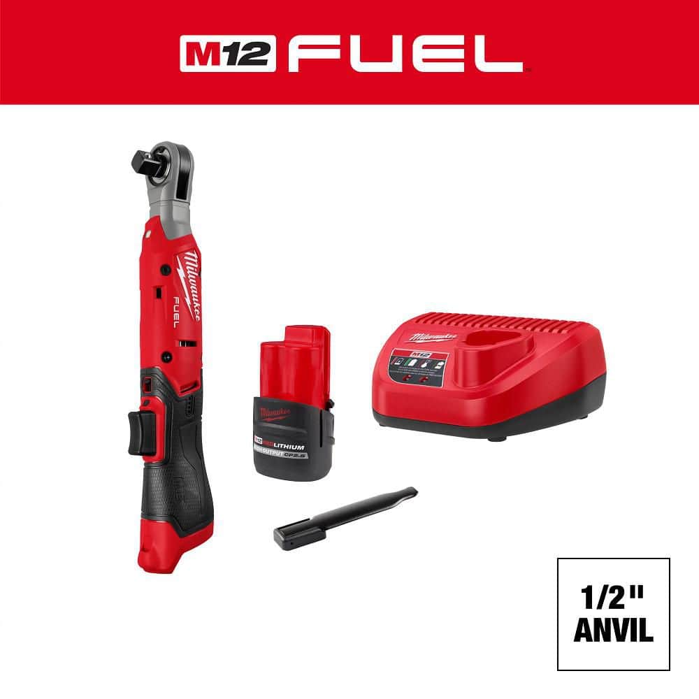 Milwaukee M12 FUEL 12V Lithium-Ion Compcat 1/2 in. Cordless Ratchet Kit with Battery, and Charger