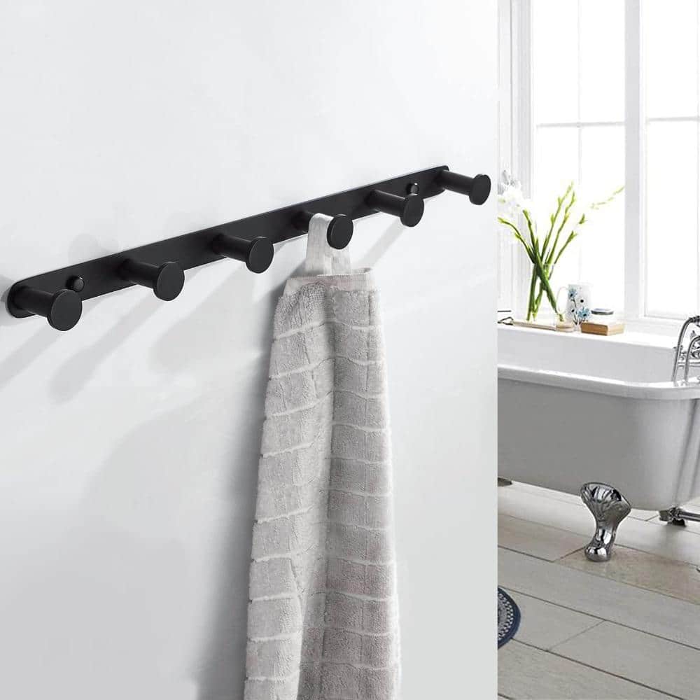 Unbranded Black 6 Hook Wall Mount Towel Coat Rack for Bathroom Kitchen Bedroom Matte Finish 16 in Wide for storage (2)