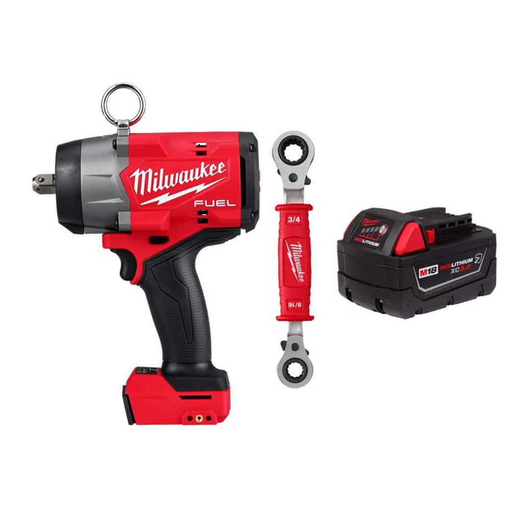 Milwaukee M18 FUEL 18V Lith-Ion Brushless Cordless High Torque 1/2 in. Impact Wrench w/ 5.0 Ah Battery & Lineman's Wrench (1)