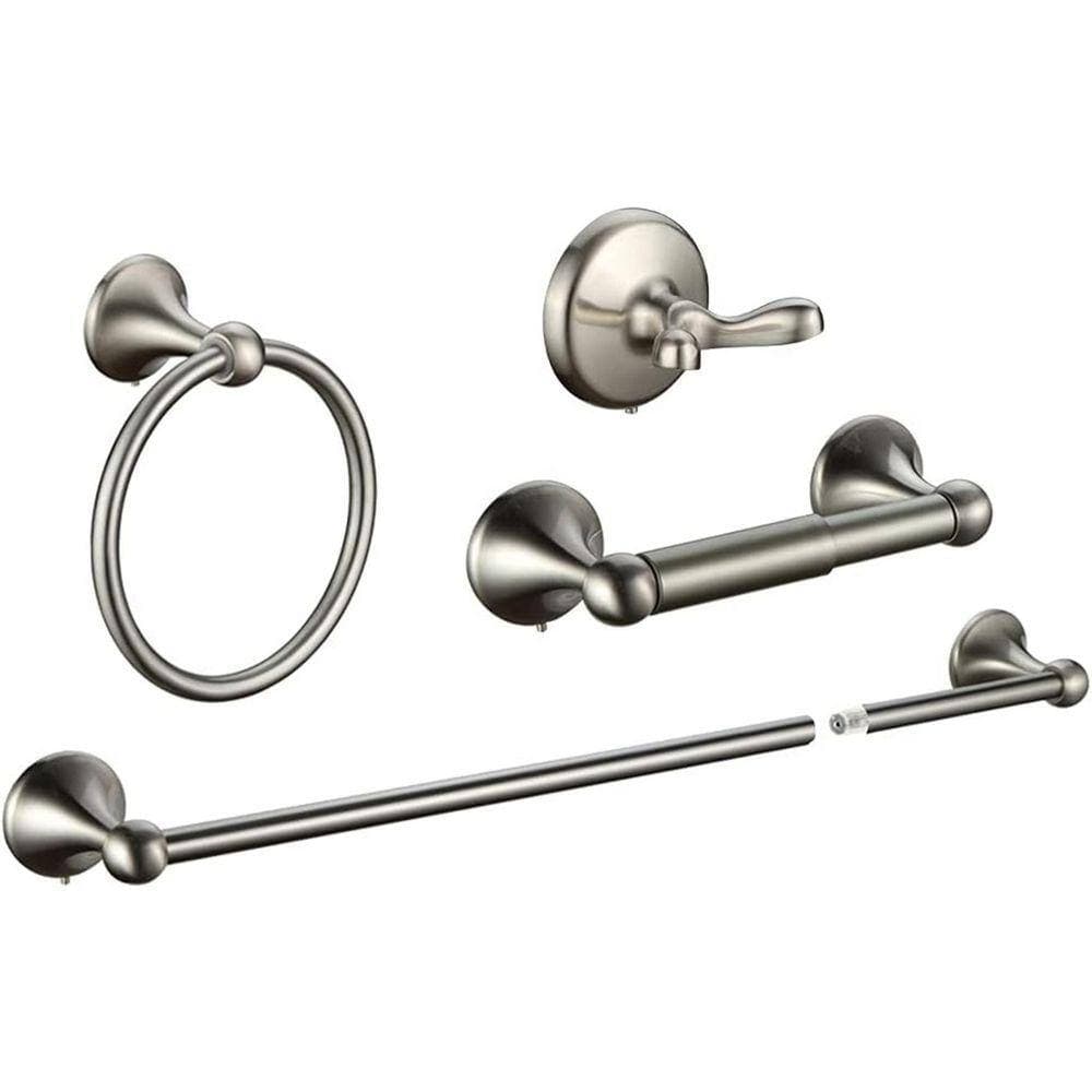 JFVKAF 4-Piece Bathroom Accessory Set with Adjustable Towel Bar, Towel Ring, Toilet Paper Holder, Towel Hook in Brushed Nickel (2)