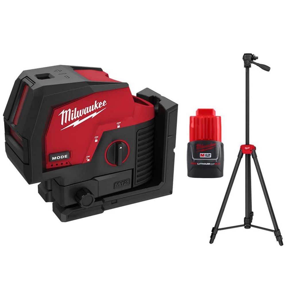 Milwaukee M12 12-Volt Lithium-Ion Cordless Green 125 ft. Cross Line & Plumb Points Laser Level with Tripod & M12 2.0 Ah Battery (1)