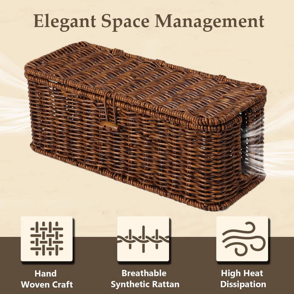 YICHUHAOXI Rattan Style Cord Organizer Box with Lockable Lid and Cable Ties Cord Hider Outlet Covers Beige 1 Piece (3)