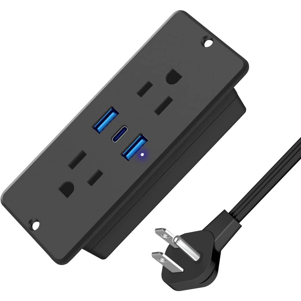 OBJLGEV 6 ft. 2-Outlet 2 USB-A Ports 1 USB-C Ports Surge Protector with 65-Watt Fast Charging Recessed Flat Plug (1)