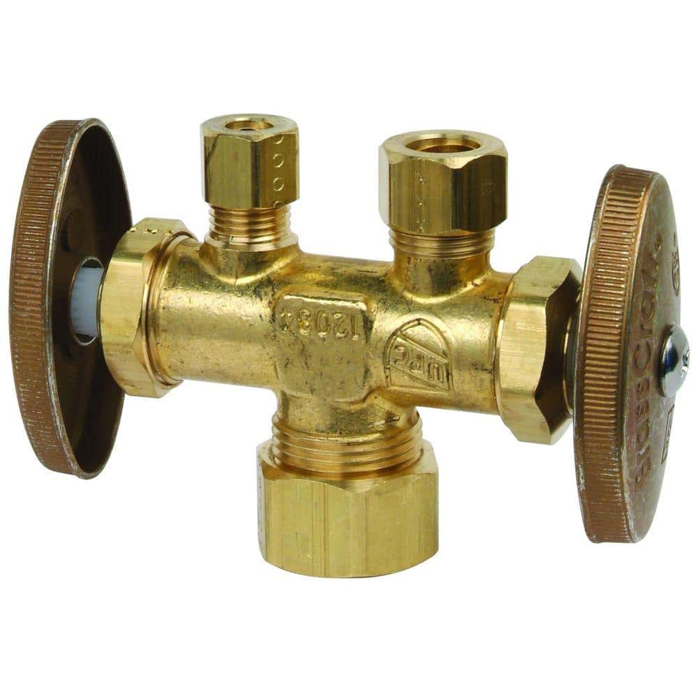 BrassCraft 1/2 in. Nom Comp Inlet x 3/8 in. O.D. Comp x 1/4 in. O.D. Comp Dual Outlet Dual Shut-Off Multi-Turn Straight Valve
