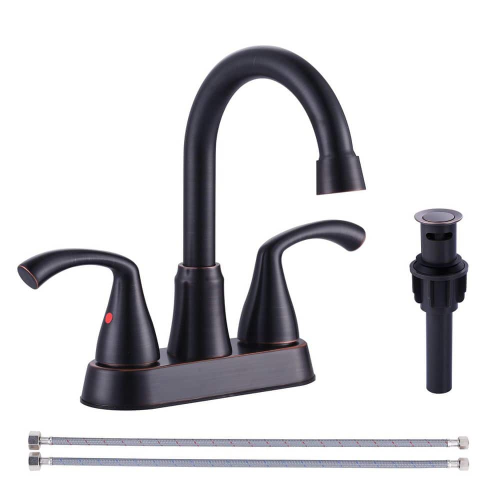WOWOW 4 in. Centerset Double Handle High Arc Bathroom Faucet with Drain Kit Included in Oil Rubbed Bronze (1)