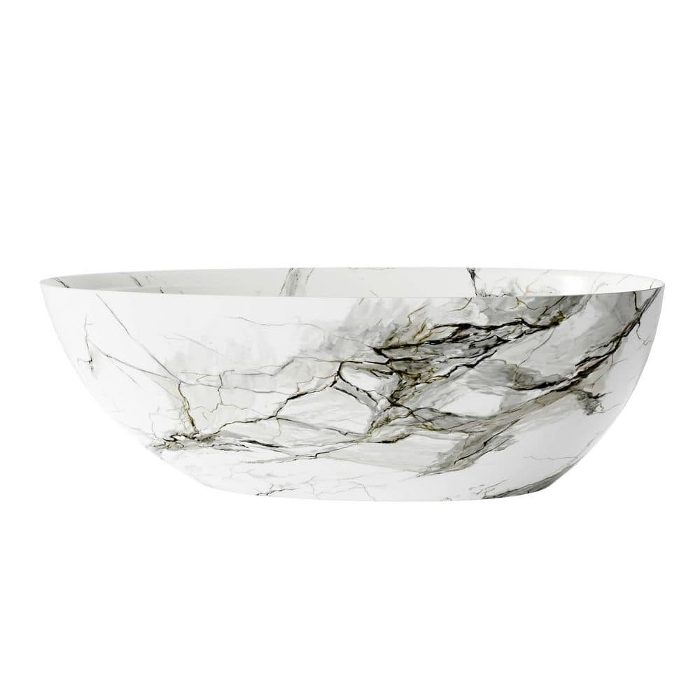 CASAINC 66.81 in. x 33.40 in. Freestanding Solid surface Soaking Bathtub with Center Drain Crescent Shelf in Marble White (1)