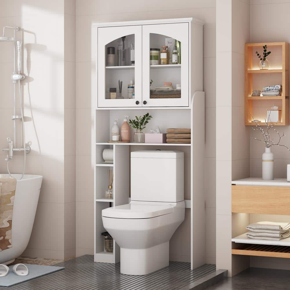 FUFU&GAGA 32.2 in. W x 71.9 in. H x 9.8 in. D White Over The Toilet Storage Bathroom Space Saver with Doors Cabinet, Open Shelves (2)
