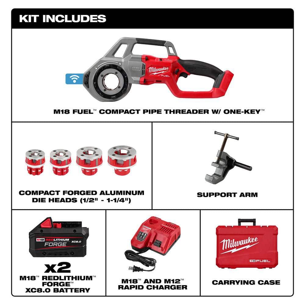 Milwaukee M18 FUEL One-Key Cordless Brushless Compact Pipe Threader Kit W/(2) 8.0Ah Batteries, 1/2 in. - 1-1/4 in. Aluminum Dies (2)