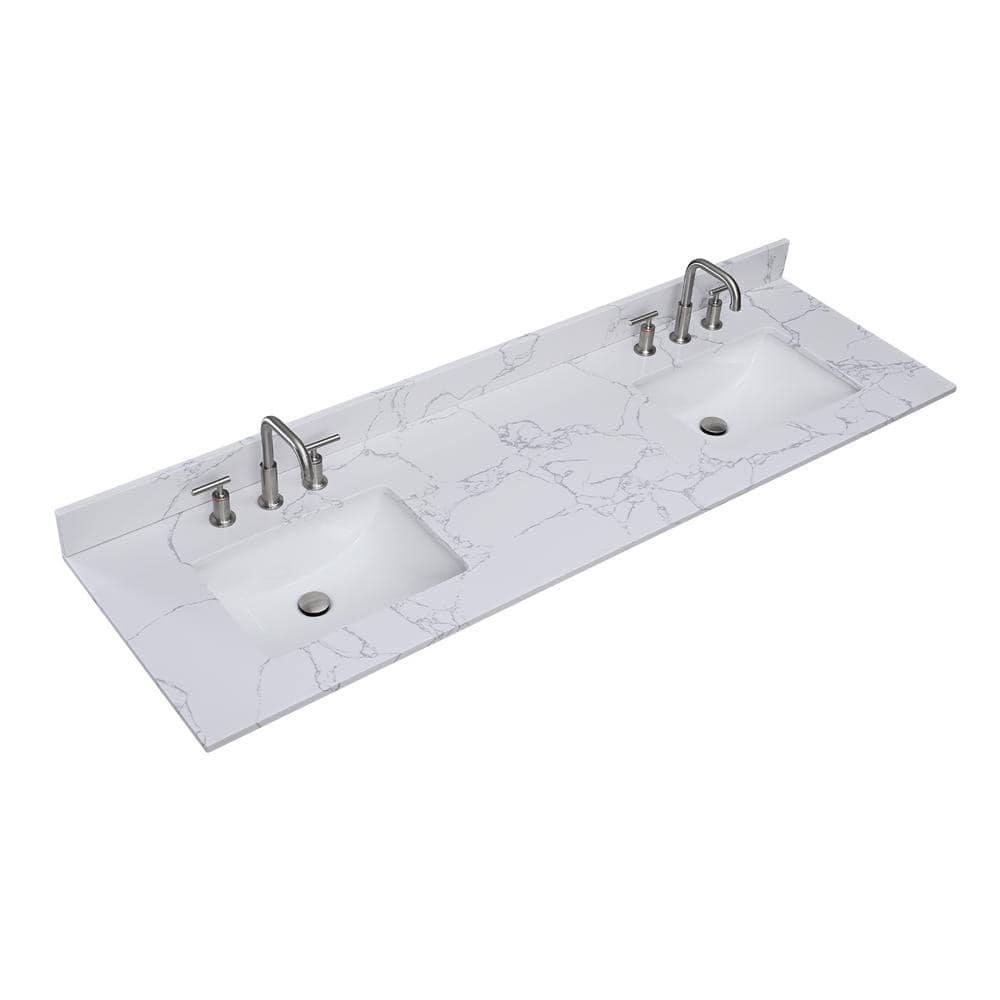 PROOX 73 in. W x 22 in. D Engineered Stone Composite Vanity Top in White with White Rectangular Double Sink (2)