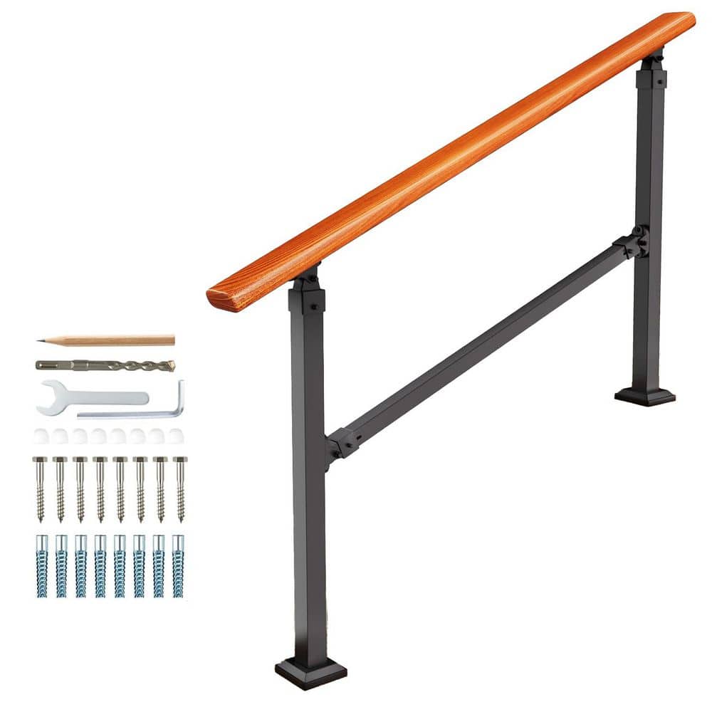 Afoxsos 4 Step Handrails Metal Indoor Outdoor Stairs Railing Wood Grain Design with Installation Kit for 1 to 4 Steps (1)