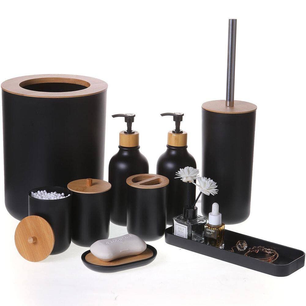 Wudkey 9-Piece Bathroom Accessory Set with Trash Can, Soap Dispenser and Dish, Toothbrush Holder, Toilet Brush, Tray in Black (2)