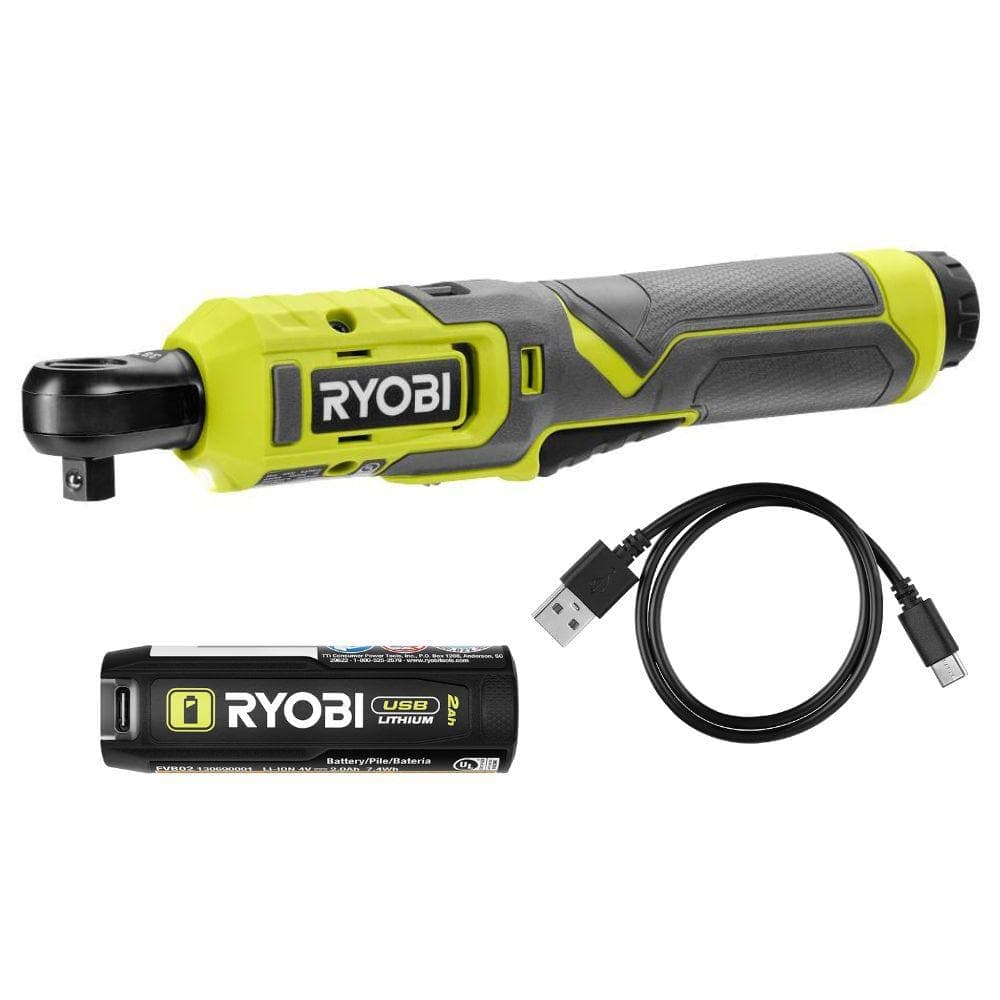RYOBI USB Lithium 3/8 in. Ratchet Kit with 2.0 Ah Battery, Charging Cable, and FREE USB Lithium 3.0 Ah Rechargeable Battery