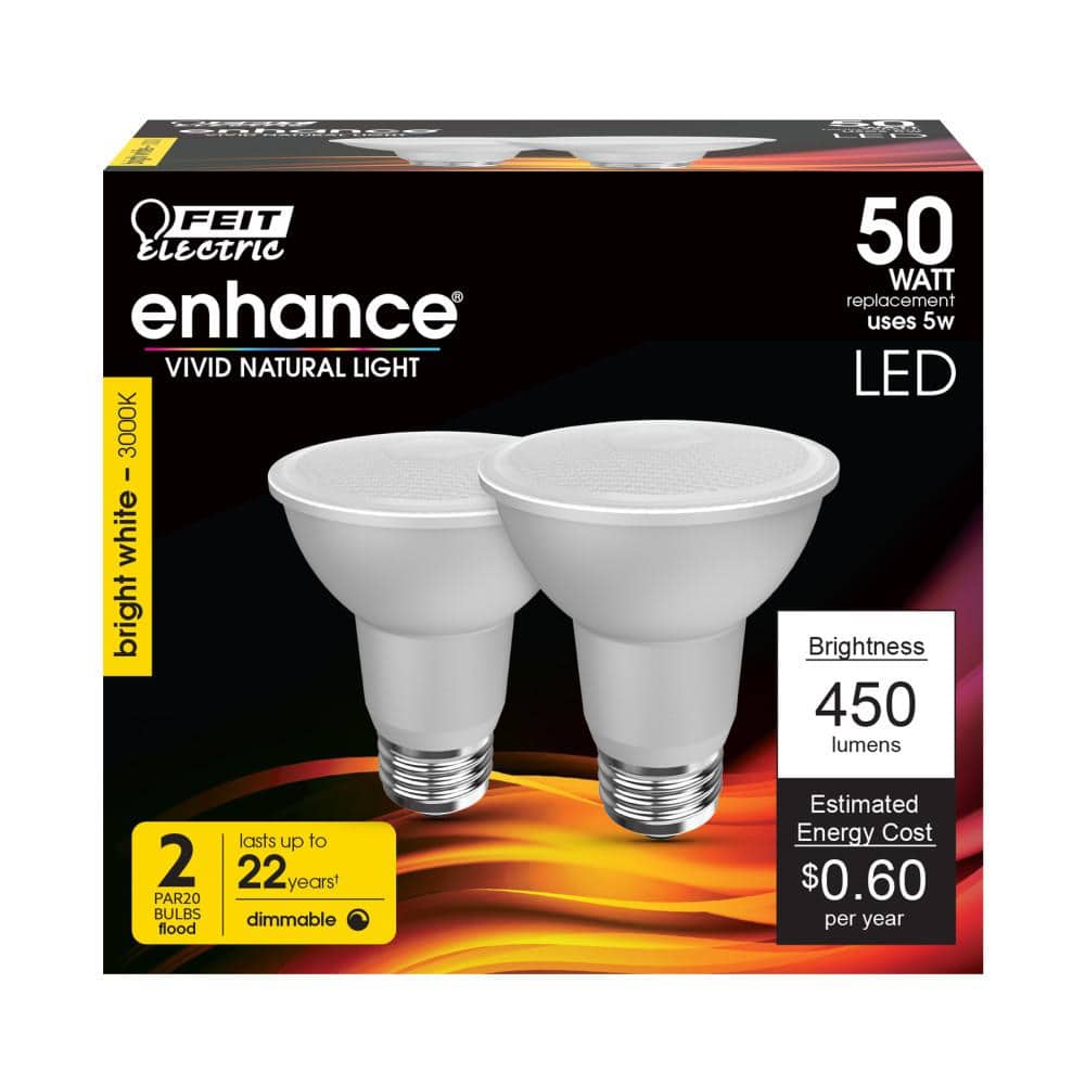 Feit Electric 50-Watt Equivalent PAR20 Dimmable CEC Title 20 90 CRI E26 Flood LED Light Bulb, Bright White 3000K (2-Pack) (4)