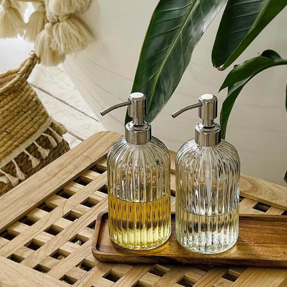 Wudkey 2 Pack 18 oz. Vertical Stripe Glass Soap Dispenser, Refillable Dispenser with Rust Proof Stainless Steel Pump (3)