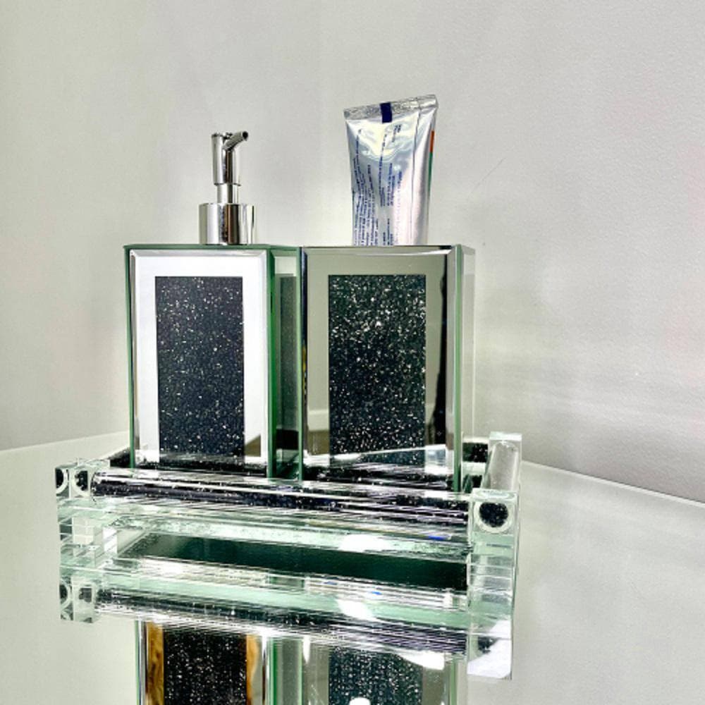 Adrinfly Countertop Square Soap Dispenser and Toothbrush Holder with Tray, 3-Piece in Black (2)