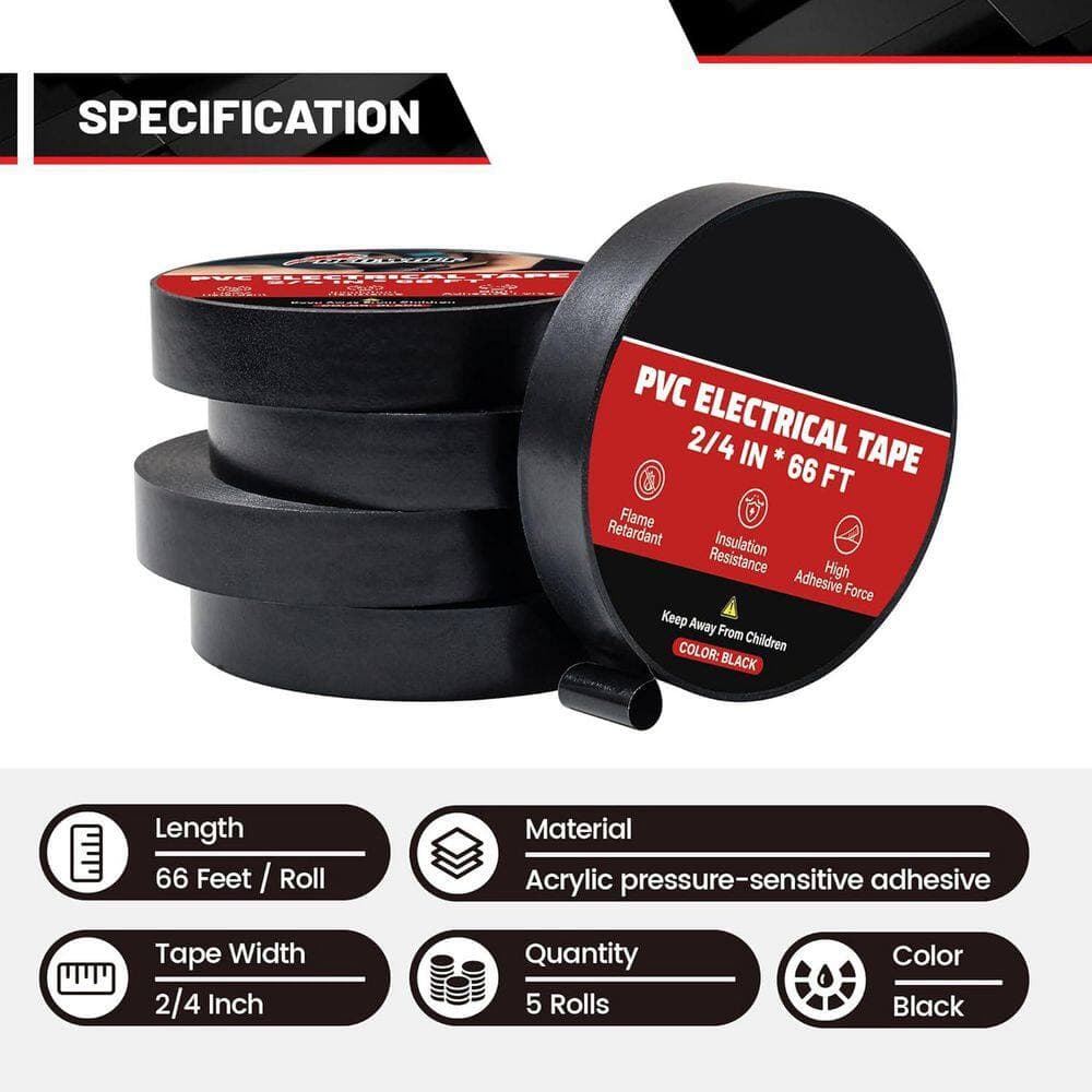 Yichuhaoxi 1/2 x 66 ft. Electrical PVC Tape Black Flame Retardant Waterproof 1000-Volt 5-Pack for Auto Engine Industrial Wiring (3)
