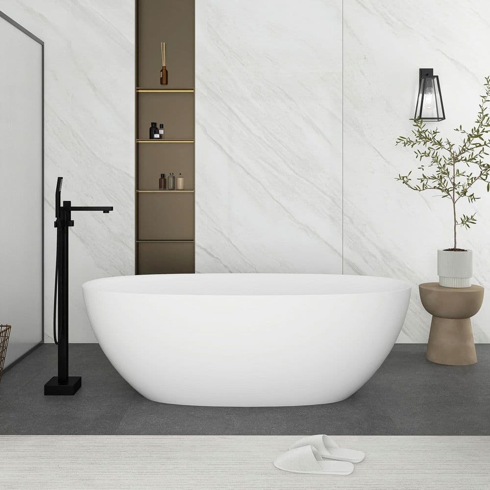 Boosicavelly 65 in. x 29.5 in. Stone Resin Solid Surface Freestanding Flat Bottom Soaking Bathtub in Matte White (2)