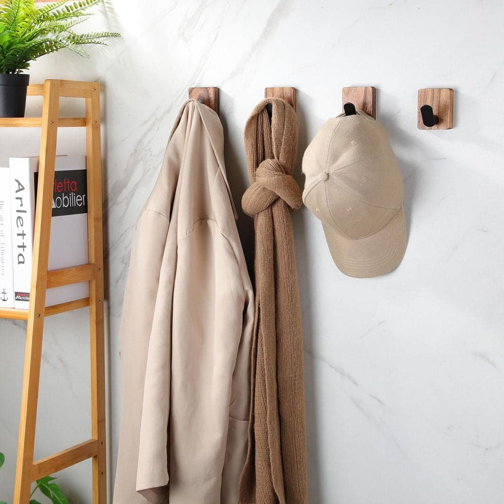 KHKFY J-Hook Robe and Towel Hook Set, 4 Pack Adhesive Wood Hooks for Towels Coats Keys, Wall Hook Heavy Duty Premium (3)