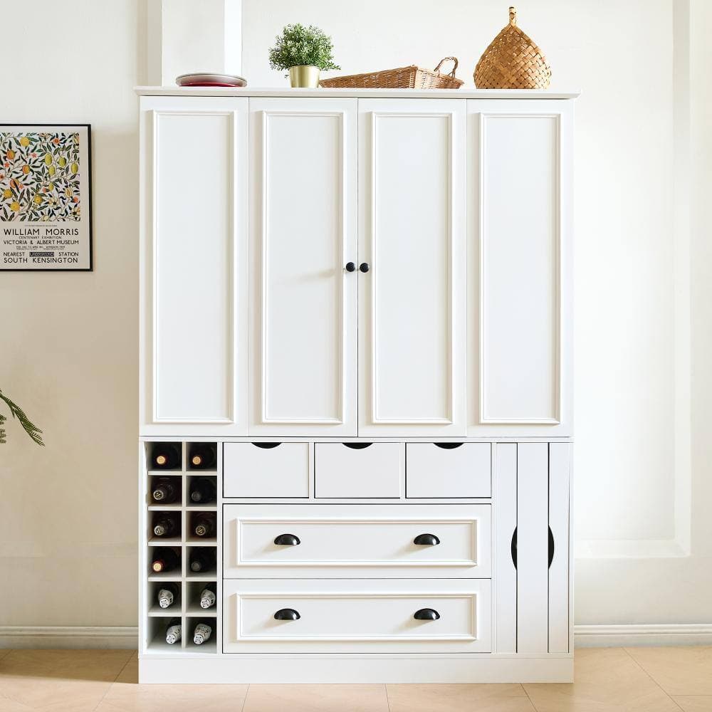 COWLOWN 53.2 in. W x 17.7 in. D x 71 in. H White Linen Cabinet with 4 Foldable Doors,Power Outlet, Wine Racks and Serving Trays (2)