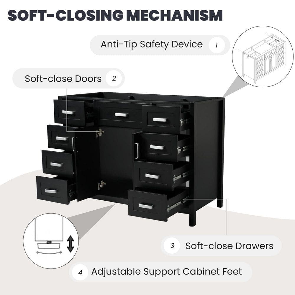 Tenleaf 46.90 in. W Bath Vanity Cabinet without Top in Black with 8 Drawer and Soft Close Door, Unassembled (3)