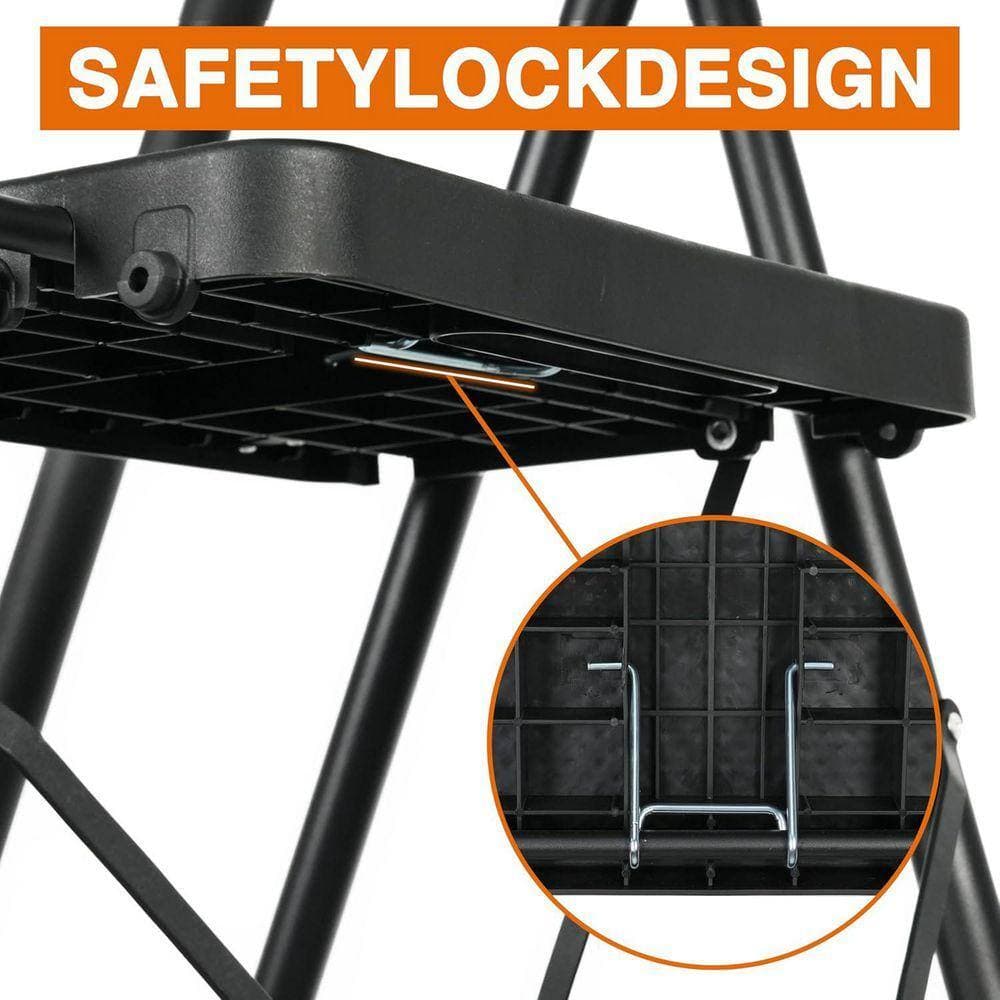 KIWDZFU Reach 60 in. H, 5 Step Ladder Portable Steel Folding Stool with Wide Anti-Slip Pedal Tool and Extended Handrail Black (2)