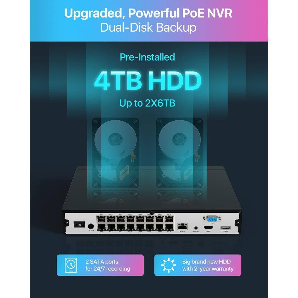 ZOSI 4K UHD 16-Channel(32CH Expandable) 4TB POE NVR Security System with 16 Wired 8MP Outdoor Cameras, Dual-Disk Backup (2)