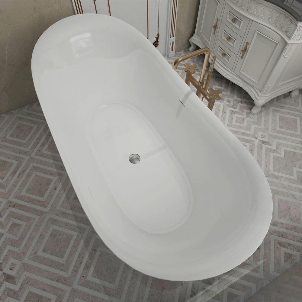 Unbranded 63 in. x 30.75 in. Glossy White Acrylic Double Slipper Freestanding Soaking Bathtub Stand Alone Tub in Chrome (3)