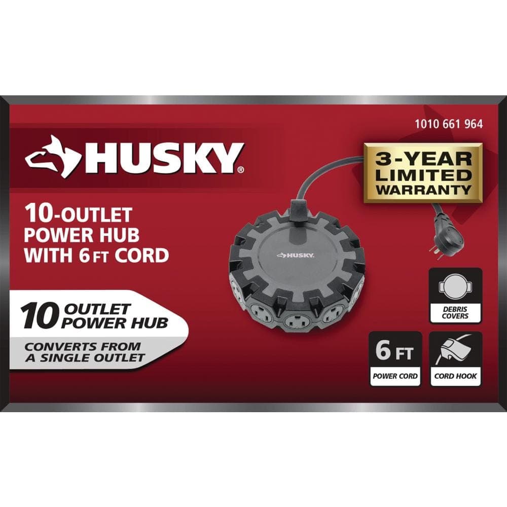 Husky 14/3 Heavy Duty 10-Outlet Plug Adapter Converter, Black (2)
