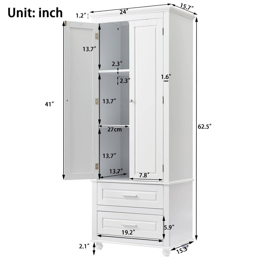 Unbranded 24 in. W x 15.3 in. D x 62.5 in. H White Linen Cabinet with 2 Drawers and Shelves for Bathroom, Kitchen (3)