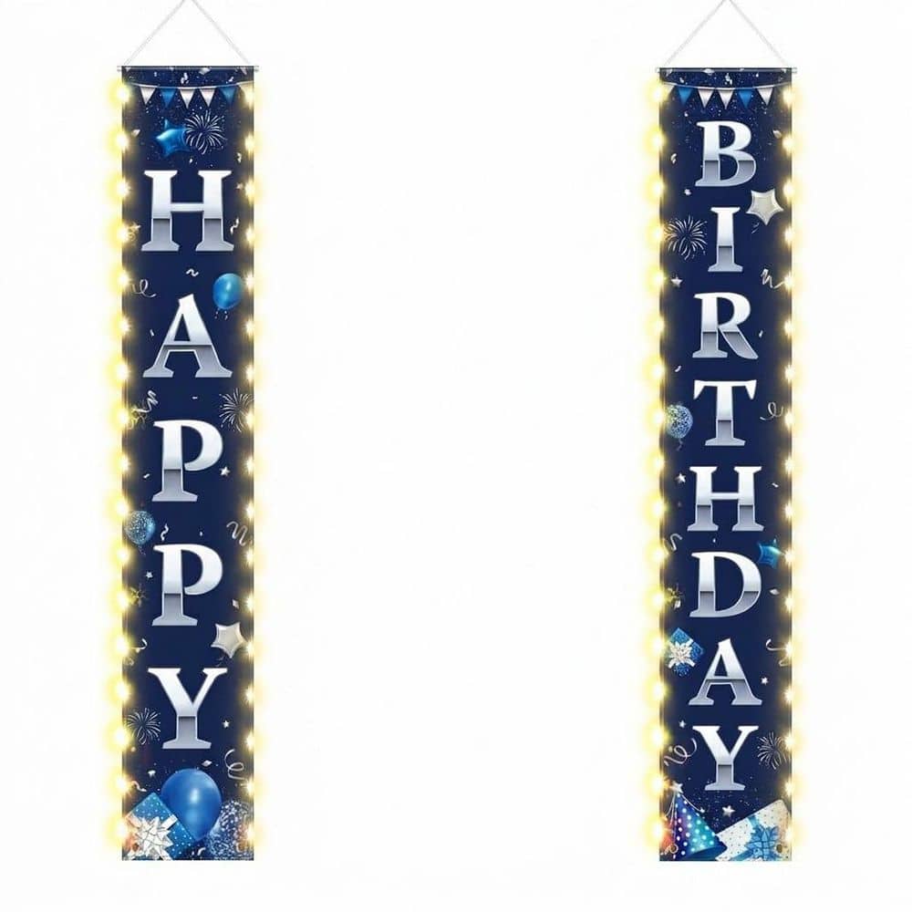 Unbranded 1 Pair LED Lighted Blue Silver Birthday Porch Banner Oxford Cloth Plastic Outdoor Indoor Party Hanging Sign