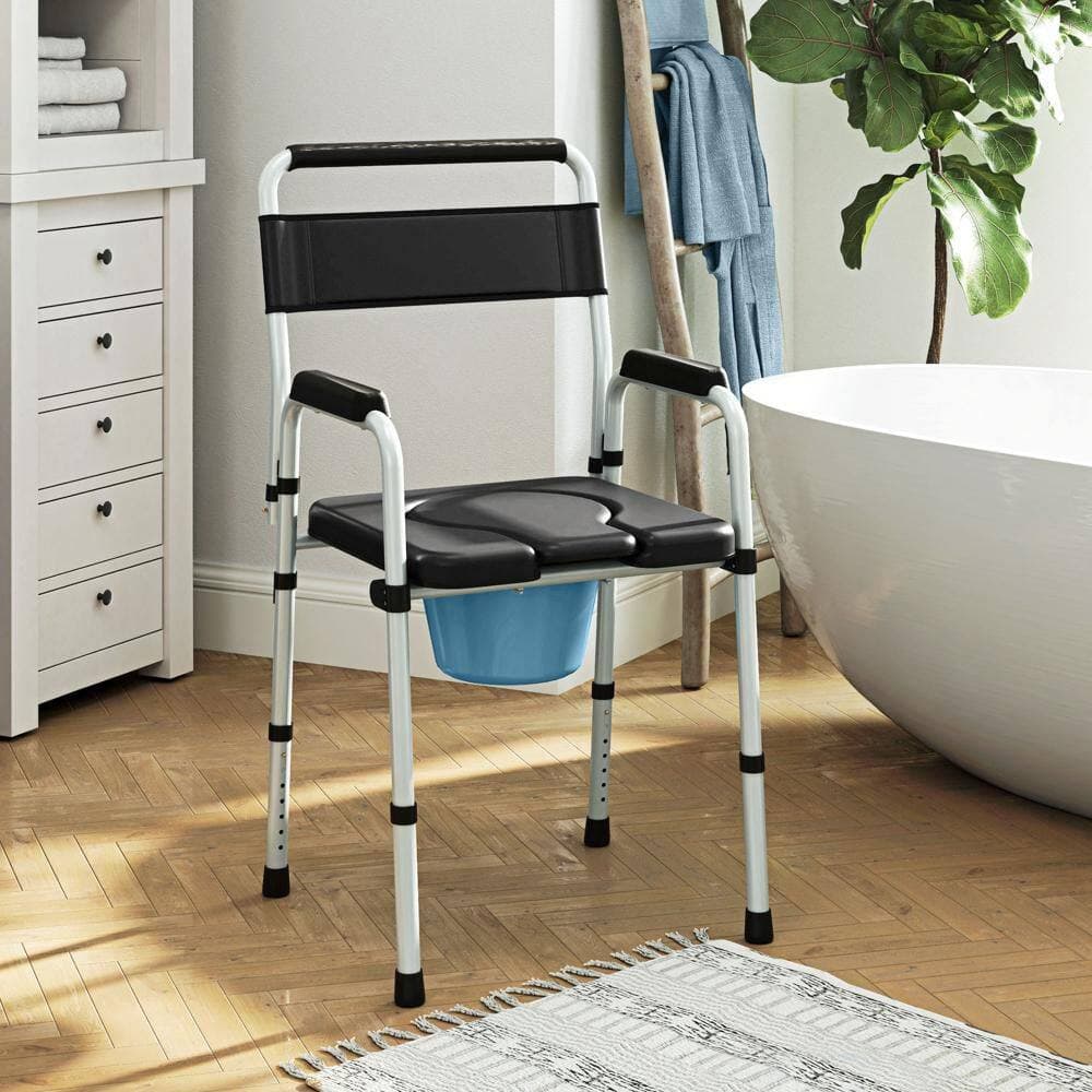 Numhew Aluminum Bedside Commode Chair with Arm, Raised Toilet Seat for Seniors, Adults, Handicap, Black (2)