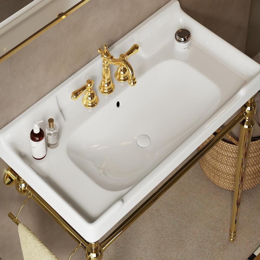 Modland Baye 35.83 in. W Bathroom Ceramic Single Console Sink in White with Golden Stainless Steel Leg (2)
