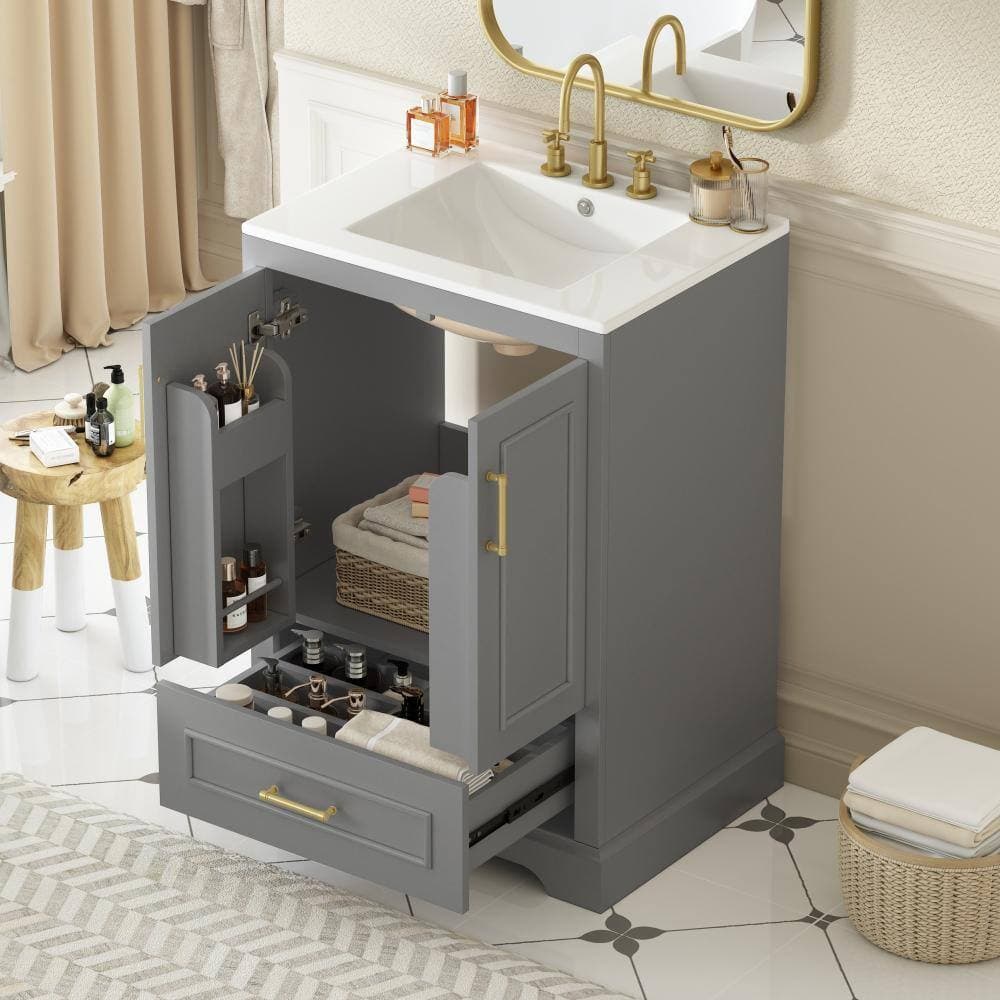 Unbranded Gray 24in Bathroom Vanity with Sink 1 Divider Drawer and 2 Soft-close Doors Double Shelf on Door (2)